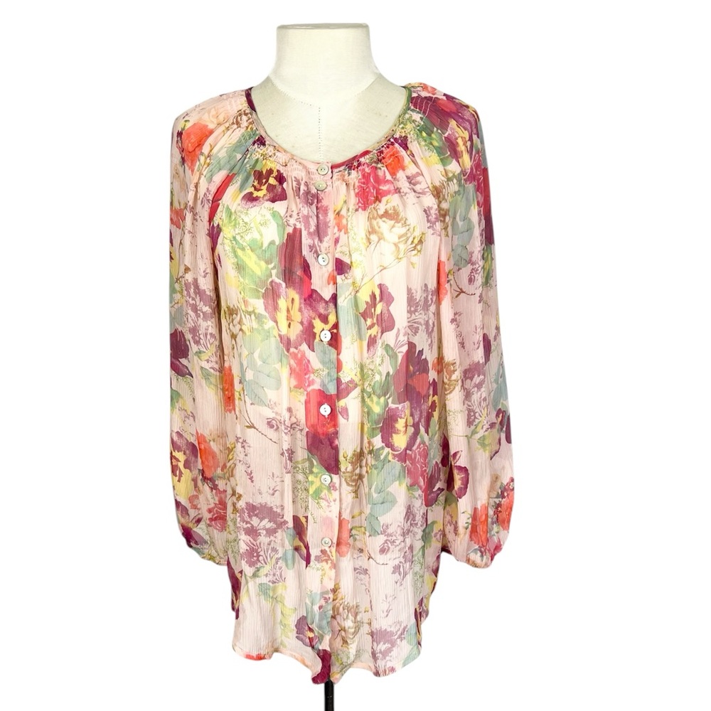 Sundance Silk Button Down Floral Sheer Top size Large flowy romantic